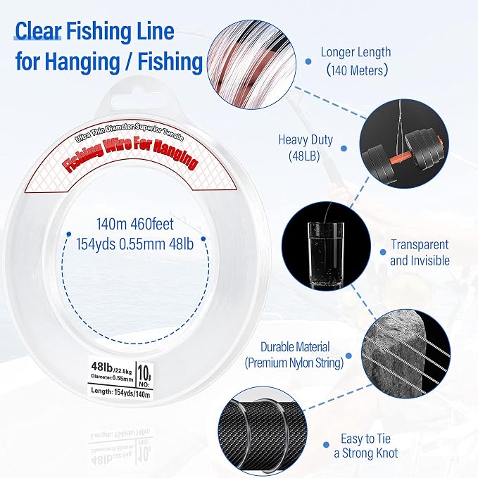 Clear Fishing Wire, Acejoz 656FT Fishing Line Clear Invisible Hanging Wire Strong Nylon String Supports 40 Pounds for Balloon Garland Hanging Decorations