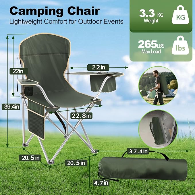 VTOY Folding Camping Chairs Durable 600D Oxford, Portable Outdoor Chair with Cooler Pouch, Cup Holder & Storage Pocket for Camping, Beach, Fishing