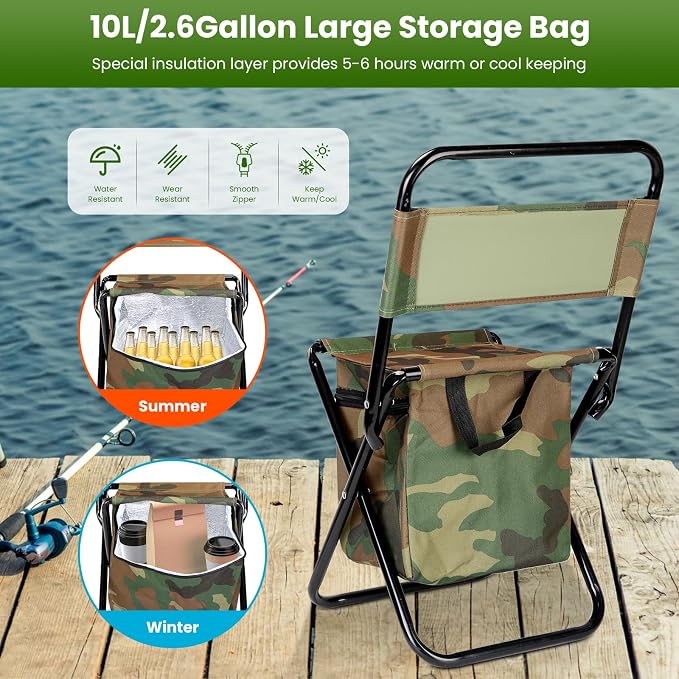 TeqHome Portable Foldable Fishing Chair with Cooler Bag, Lightweight Folding Camping Chair, Outdoor Backrest Stool for Camping Hunting Fishing Hiking（Camouflage）