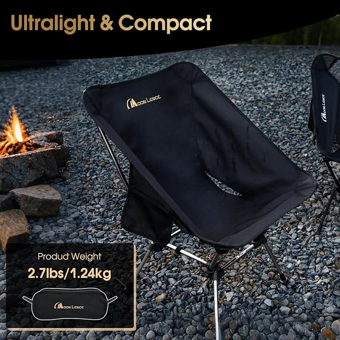 MOON LENCE Portable Camping Chair Plus, Larger & Roomier, Compact and Lightweight, Folding Chair for Backpacking Hiking Beach, Ultralight Camp Chair 330Lbs Capacity (Black)