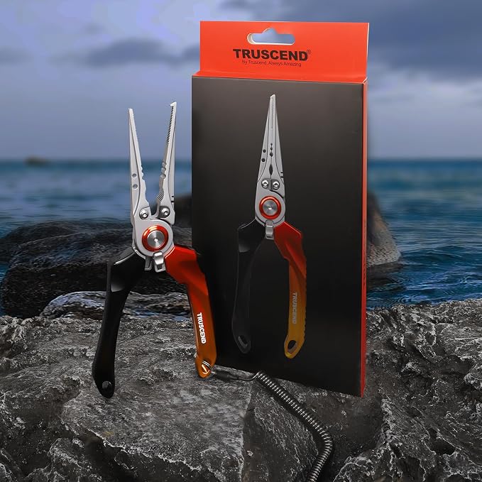 TRUSCEND Easy Use Lockable Fishing Pliers with Tungsten Carbide Cutter, Innovative Ergonomic Handy Handle, Saltwater Corrosion Resistant Teflon Coated Fishing Tool, Light Multi-Function Fishing Gear
