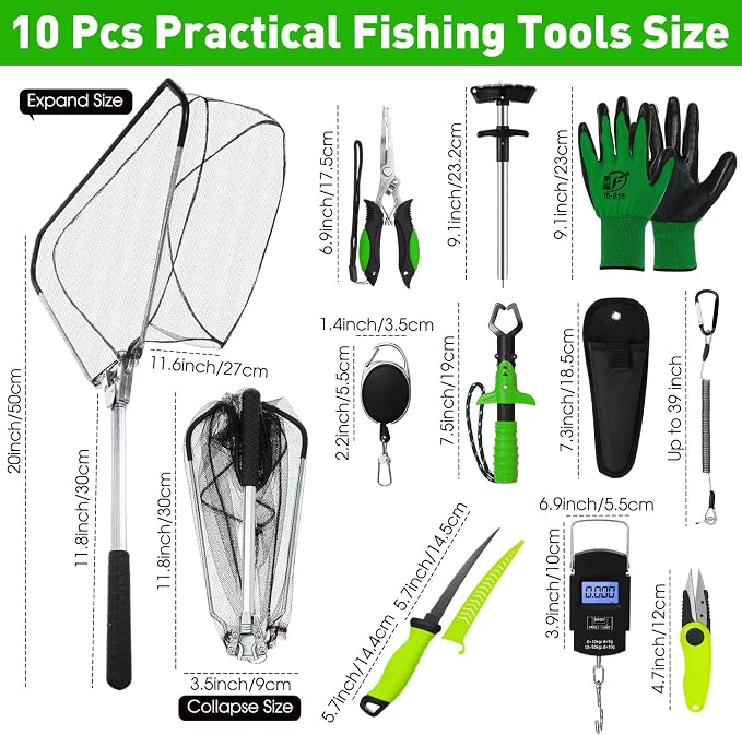 RoundFunny 10 Pcs Fishing Tool Kit, Fishing Pliers with Lanyard and Protective Sheaths, Landing Net, Fillet Knife, Fish Scale, Gripper, Hook Remover, Braid Scissors, Gloves for Men Dad Gift