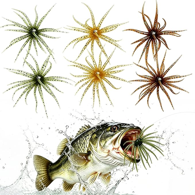 6 Pcs Fuzzy Dice Fishing Lure, Dice Baits for Bass Fishing Soft Tentacle Creature Lure with Reflective Glitter Sea Urchin Bait for Multiple Rigs, Slow Sinking, Freshwater/Saltwater