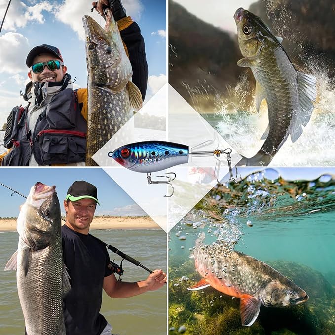 Fishing Lure Kit, Bass Fishing Lures with Lifelike 3D Eyes, Top Water Bass Fishing Lures for Freshwater and Saltwater, Ideal Bass Fishing Kit and Teaser Gift for Men