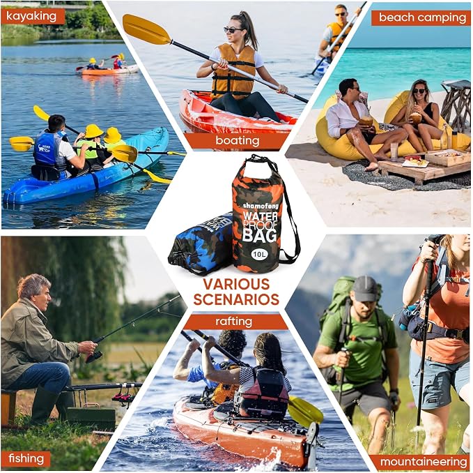 Waterproof Dry Bag 5L/10L/15L/20L/30L Roll Top Dry Storage Backpack with Phone Case, Collapsible Water Bottle, Sunglasses, Ear Band for Kayaking Boating Swimming Fishing Camping, Orange 15L