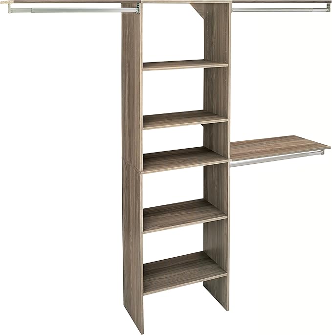 ClosetMaid SuiteSymphony Wood Closet Organizer Kit with Tower, 3 Hang Rods, Top Shelves, Adjustable, Fits Spaces 6 - 10 ft. Wide, Natural Gray