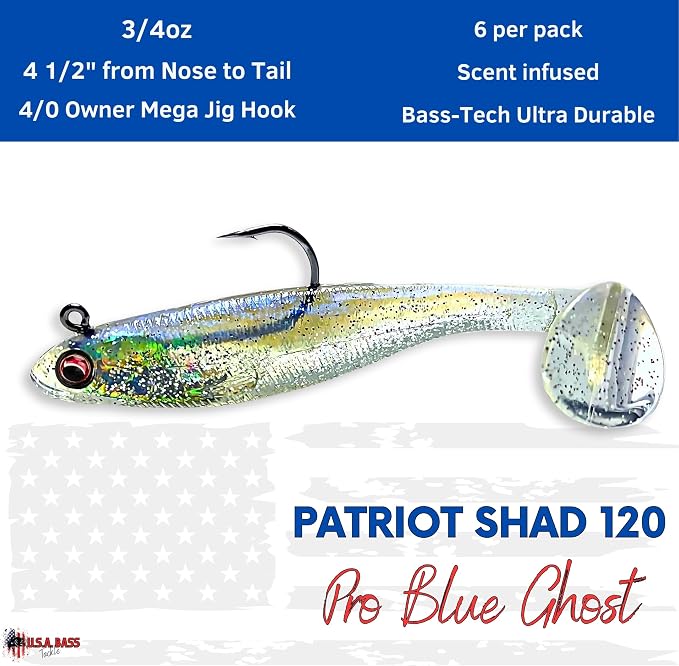 USA Bass Tackle Patriot Shad - Scent Infused Paddle Tail Swimbaits Pre Rigged Fishing Lures Premium Bait Strong Owner Hook, Fishing Gear for Bass Freshwater Predator Fish