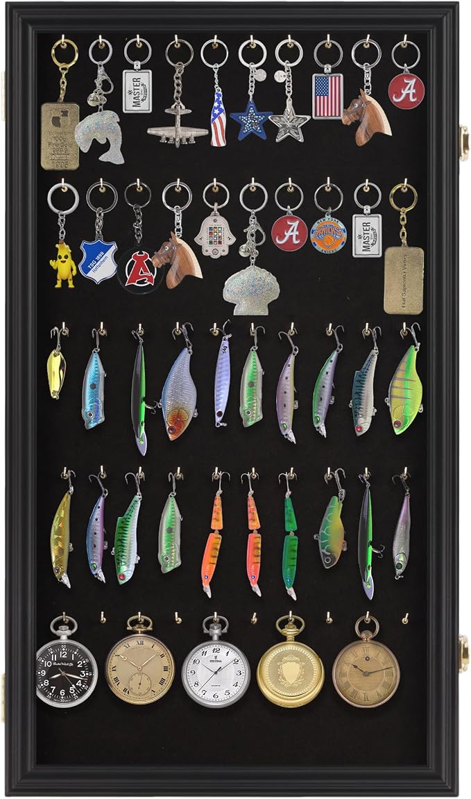Fishing Lures, Keychain Display Case Pocket Watch Collection Display Case - Keyring Golf Bag Tag Luggage Tag Collection Showcase Shadow Box (Black Finish)