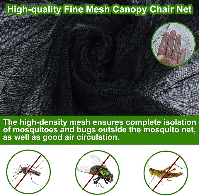 2PCS Mosquito Net Cover for Canopy Chair, 63"H Bug Barrier Mosquitos Mesh Tent Black Chair Mosquito Netting with Zipper 35"X32" Waterproof Roof for Fishing Camping Chairs Outdoors, Chair Not Included