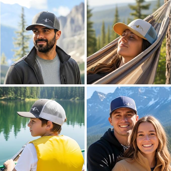 LINDO Trucker Hat [ Great Outdoors Design ] for Men and Women: Mid Profile Cap with Breathable Mesh Back and Adjustable Snap