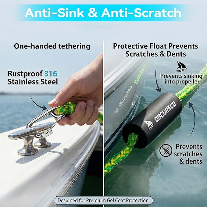 Obcursco Heavy Duty Boat Dock Lines (7ft & 14ft) - 1/2" Marine Mooring Rope with 316 Stainless Steel Clip - Accessories for PWC, Pontoon, Center Console, Jet Ski (Green/Yellow, 2 Pack)
