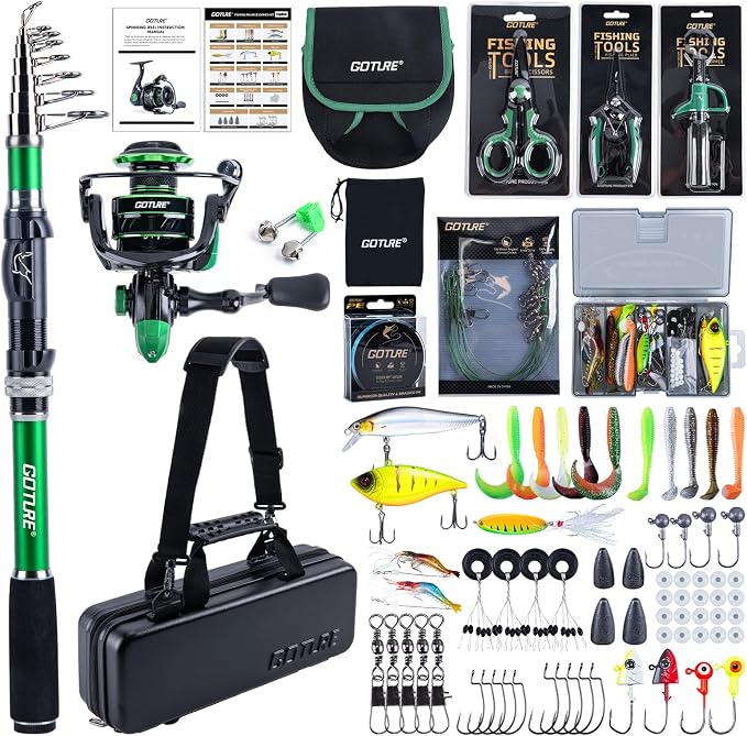 Goture Fishing Poles and Reels Combo - Green Telescoping Fishing Rod Portable Travel Kit with Carrier Bag for Freshwater Saltwater