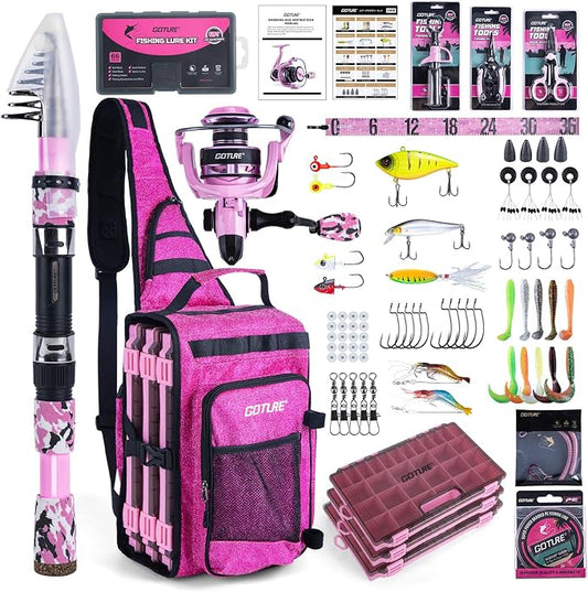 Goture Fishing Kits for Adult,Fishing Pole and Reel Combo, OpenSide Fishing Sling Tackle Storage Bag with 3 Tackle Boxes,Gift for Men