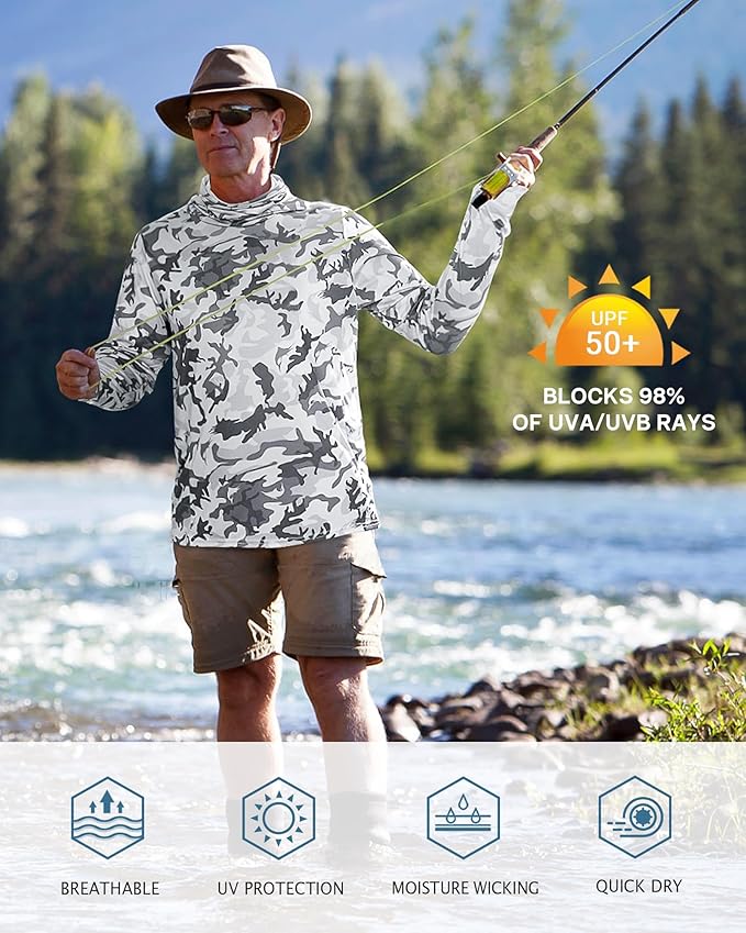 FISHEAL Men's Performance Fishing Hoodie Shirt - UPF 50+ Sun Protection Long Sleeve Thumbholes Shirts with Neck Gaiter