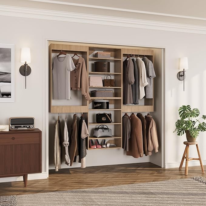 ROOMTEC Modular Closet System, 72" Wall-Mounted Closet Organizer with Hanging Rods and Shelves, Wooden Tower for Walk-In Closets, Wardrobe Storage Kit, Wood