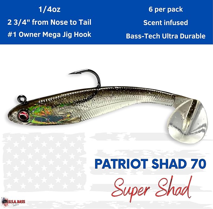 USA Bass Tackle Patriot Shad - Scent Infused Paddle Tail Swimbaits Pre Rigged Fishing Lures Premium Bait Strong Owner Hook, Fishing Gear for Bass Freshwater Predator Fish