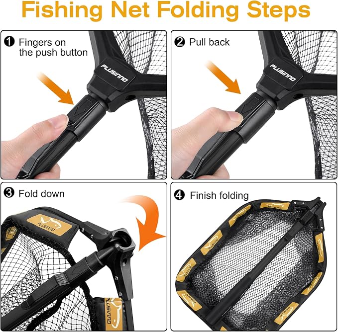 PLUSINNO Floating Fishing Net for Steelhead, Salmon, Fly, Kayak, Catfish, Bass, Trout Fishing, Rubber Coated Foldable Landing Net with Fixed or Telescoping Pole Handle, Fishing Gear and Gifts for Men