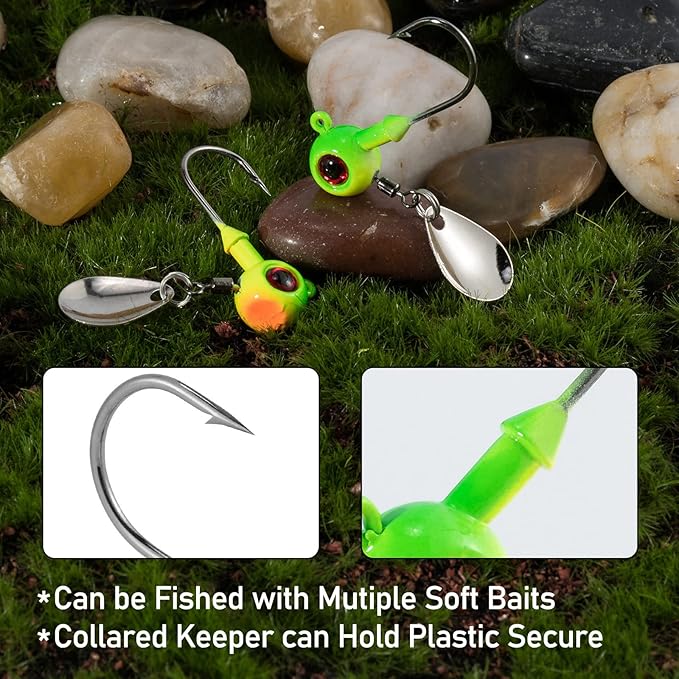 Dr.Fish 10 Pack Underspin Jigs Heads Freshwater Swimbait Ball Jig Bass Walleye Fishing Hooks Colorado Spinner Blade Flat Bottom Stand up