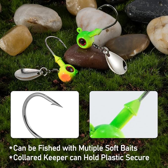 Dr.Fish 10 Pack Underspin Jigs Heads Freshwater Swimbait Ball Jig Bass Walleye Fishing Hooks Colorado Spinner Blade Flat Bottom Stand up