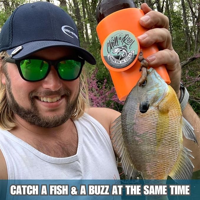 Made in USA | Fishing Can Cooler from Shark Tank | Hard Shell Drink Holder with Hand Line Reel | Fits Most Can Sleeves or Coozies | Unique Fishing Gift for Men | Retail Box Packaging | Orange