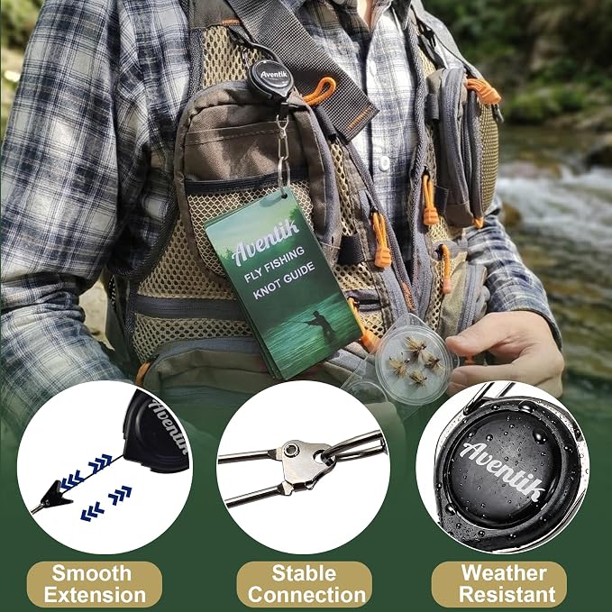 Aventik Fly Fishing Knot Tying Guide Cards with Zinger, Saltwater & Freshwater Laminated Reference, 4 Pro Setup Chains, 15 Essential Knots, Ruler & US Fishing Info QR, Fishing Gear Tool Gifts