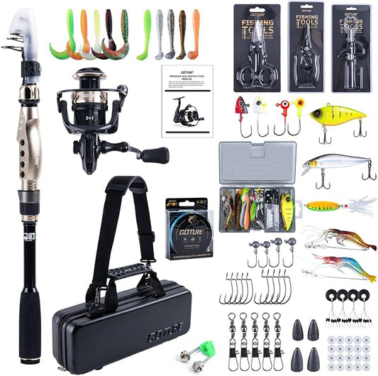 GOTURE Telescopic Fishing Rod and Reel Combos, Carbon Fiber Travel Fishing Pole, 9+1 BB Spinning Reel, Saltwater Freshwater Fishing Gear Kit with Braided Line, Lures, Carrier Bag for Bass Trout