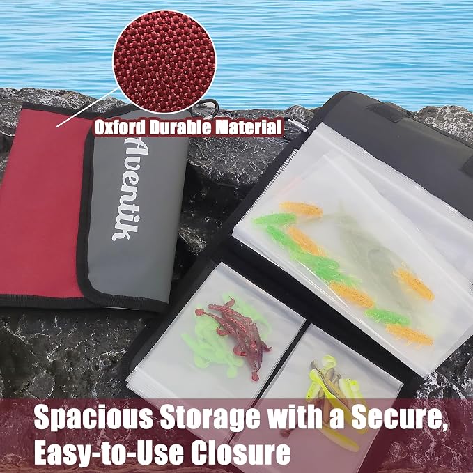 Aventik Fishing Tackle Organizer Case Soft Bait Binder Plastic Baits and Tackle Organized Removable Storage Pockets (L:Dark Red)