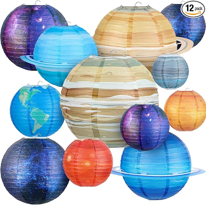 Hortsun 12 Pcs Paper Hanging Lanterns Birthday Decorations 12 Inch, 8 Inch Hanging Paper Lanterns for Party Decoration Supplies (Space)