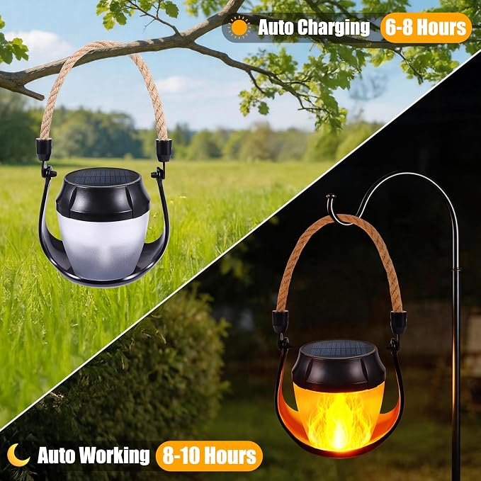 Toodour 2 Pack Hanging Solar Lantern Outdoor - Solar Lantern with Flickering Flame, Waterproof Hanging Lights for Camping, Patio, Deck, Yard, Path, Outdoor Decorations