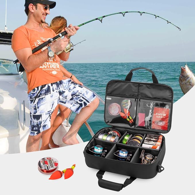 Rexmica Fishing Reel Case for Spinning Reels, Fly Fishing Reels, Baitcaster Fishing Reels, Fishing Reel Storage Bag with Multiple Pockets and Dividers, Fishing Gear Bag for Fishing Trip/Daily Storage