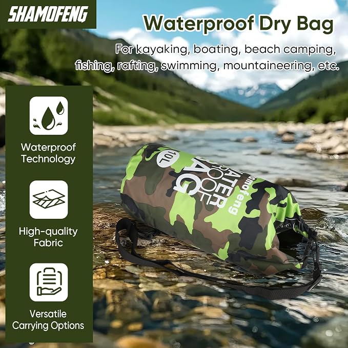 Waterproof Dry Bag 5L/10L/15L/20L/30L Roll Top Dry Storage Backpack with Phone Case, Collapsible Water Bottle, Sunglasses, Ear Band for Kayaking Boating Swimming Fishing Camping, Green 10L
