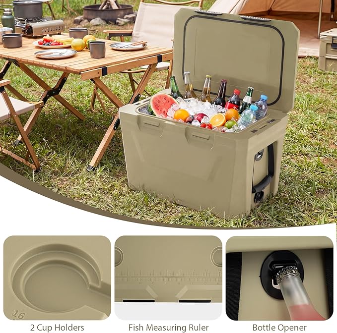 COSTWAY Insulated Portable Cooler, Hard Shell Ice Chest w/ 2 Cup Holders, Bottle Opener, Drain Plug, 3-Day Ice Retention, Outdoor Leak-Proof Dry Box for Beach, Camping, Fishing, Picnic