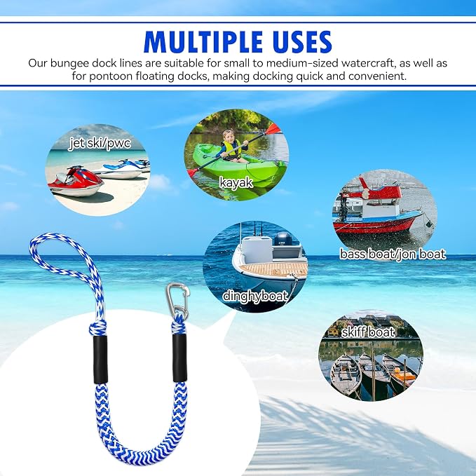 Boat Bungee Dock Lines – Adjustable Boat Tie Downs for Pontoon, Jet Ski, PWC, Kayak | Single Hook Small Cruiser Mooring Lines | (2, Blue & White, 3 Feet)