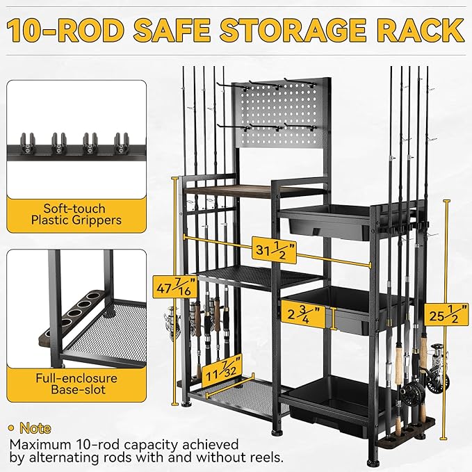 SOYEEZE Fishing Rod Holders for Garage, 3 Storage Boxes for Reels & Fishing Accessories, 10 Rod Capacity Fishing Pole Holder with Pegboard, and 3-Tier Shelf for Tackle Box, Fishing Gear Organizer