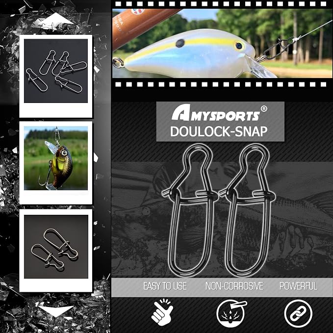 AMYSPORTS High Strength Fishing Snap Clip Duo Lock Snap Swivel Stainless Quick Change Fishing Snaps Solid Black Nickel 26lb-220lb