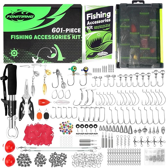 FONMANG 322-Piece Fishing Lures Kit - Buzz Bait/Spinner Baits/Jig/Frog, Fishing Tackle Box with Tackle Included, Soft Bait/Hooks/Weights, Fishing Gear Lure Kit Gift for Men Freshwater Bass Trout
