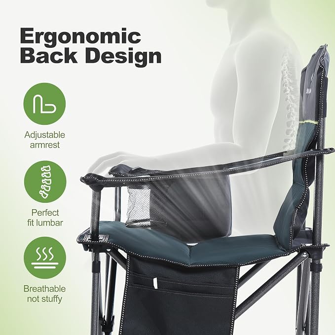 LET'S CAMP Oversized Folding Camping Chair Portable Outdoor Heavy Duty Padded Chairs Lawn Chair with Cup Holder, Storage Pocket and Cooler Bag, Supports 450LBS, for Camp, Travel, Picnic (Green)