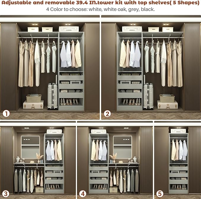 60" Wide x 80" Tall Closet System with 3 Half-Open Wooden Drawers, 5FT Closet Organizer System with 2 Hanging Rods & Removable Tower, Freestanding Wardrobe Organizer for Walk-in Bedroom, Grey