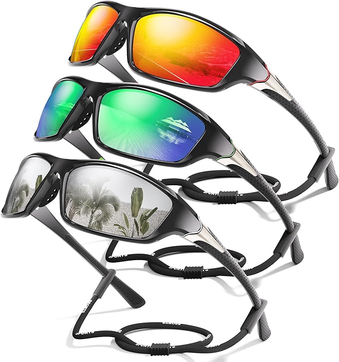 3 Pack Polarized Sports Sunglasses for Men, Mens Sunglasses Wrap Around UV Protection for Cycling Fishing Driving