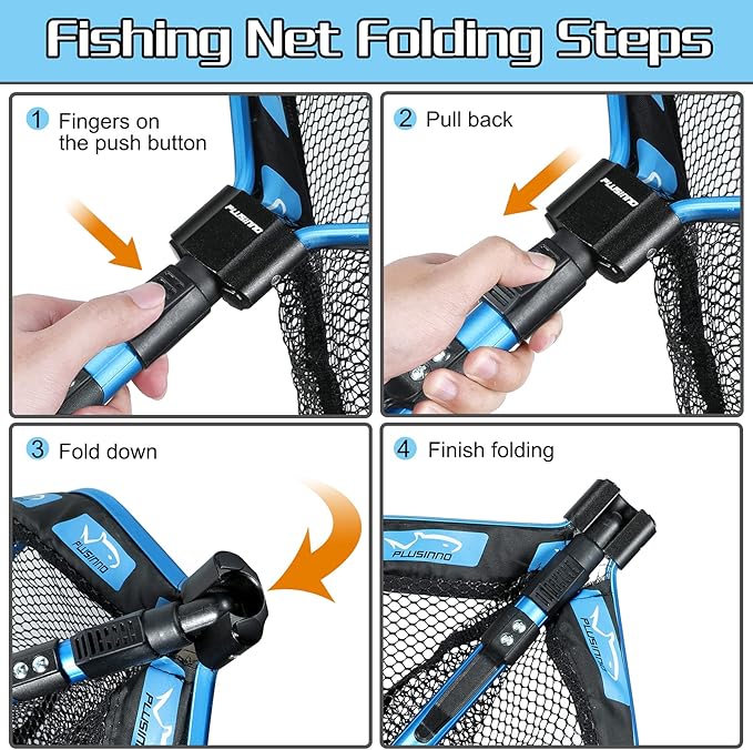 PLUSINNO Floating Fishing Net for Steelhead, Salmon, Fly, Kayak, Catfish, Bass, Trout Fishing, Rubber Coated Foldable Landing Net with Fixed or Telescoping Pole Handle, Fishing Gear and Gifts for Men