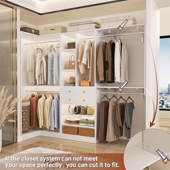 Closet System with 2 Drawers, 5 Hanging Robs, 4 Adjustable Shelves, 90.5"*31.5" Closet Organizer System with Corner Tower, L-shape Walk-in Closet System, Corner Closet System Set of 2, White