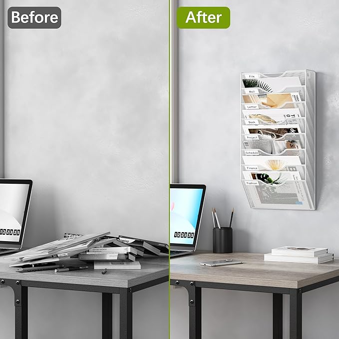 EasyPAG 8 Pocket Mesh Wall File Organizer, Hanging Paper Folder Holder with Classify Label, Vertical Wall Mount Mail Organizer for Office Home Classroom, White