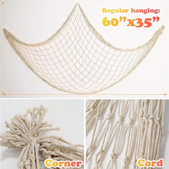 2 Pack Fish Net Decorations for Party, Natural Cotton Hawaiian Table Runner Party Fishing Net Decorative, Nautical Themed Decor Cotton Fishnet Under The Sea Pirate Ocean BeachHalloween Decor