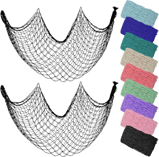 ZUEXT Decorative Fishing Net 80x40 Inch, 2 Pack Large Black Picture Fish Net, Wall Photo Hanging Fishnet for Nautical Mermaid Pirate Ocean Themed Hawaii Beach Under The Sea Party Decorations