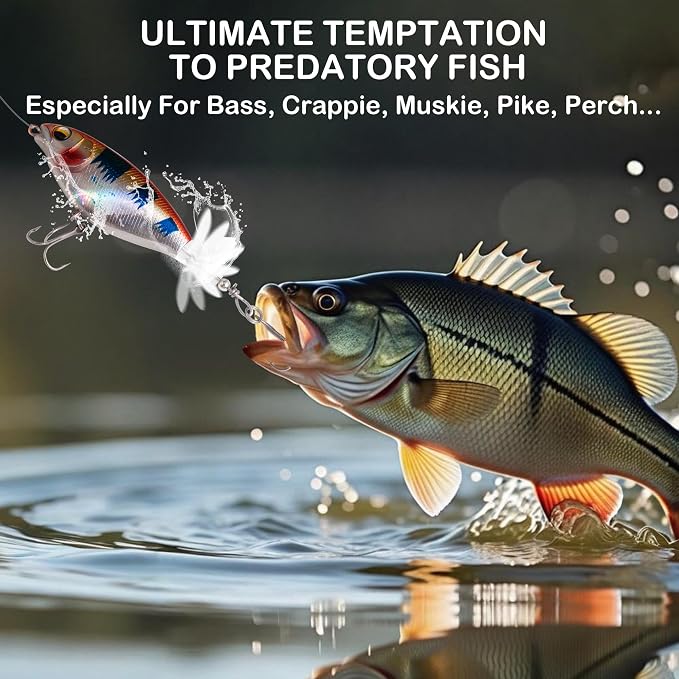 5Pcs Topwater Fishing Lures with Bait Box, Whopper Popper with Rotating Tail Treble Hooks, Plopper Floating Lure for Bass Crappie Walleye Catfish Pike Perch, Freshwater or Saltwater