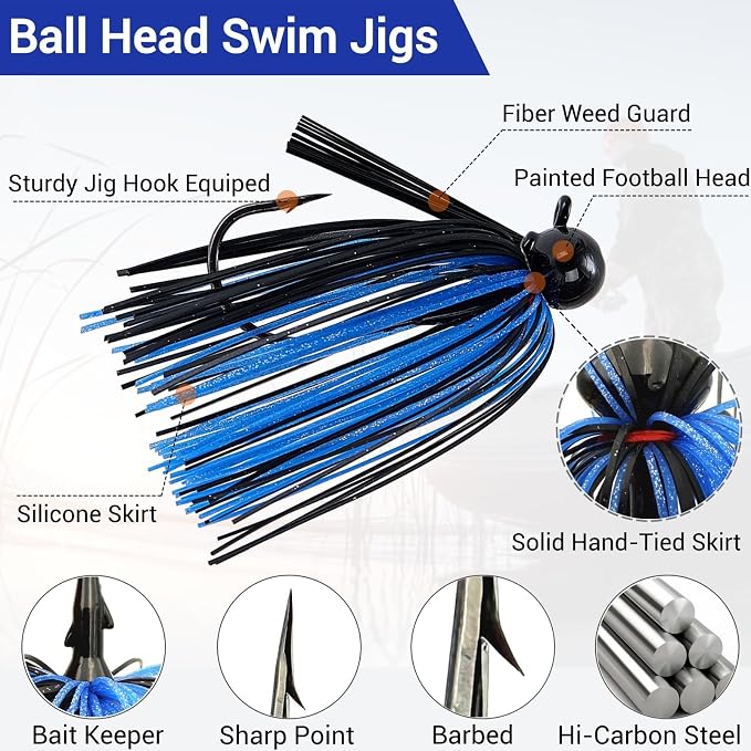 Weedless Football Jigs for Bass Fishing, Multi-Coloured Finesse Football Jig Heads with Vivid Hand-Tied Silicone Skirt and Weed Guard 1/4 3/8 1/2 3/4oz (Pack of 5)