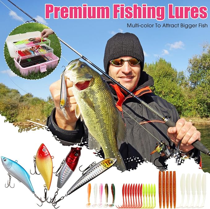 517 Pcs Father's Day Large 3 Layers Tackle Box with Tackle Fishing Lures Kit Included Pliers, Fish Lip Gripper, Crankbait, Hooks, Other Accessories Fishing Kit for Men Gifts(Pink White)