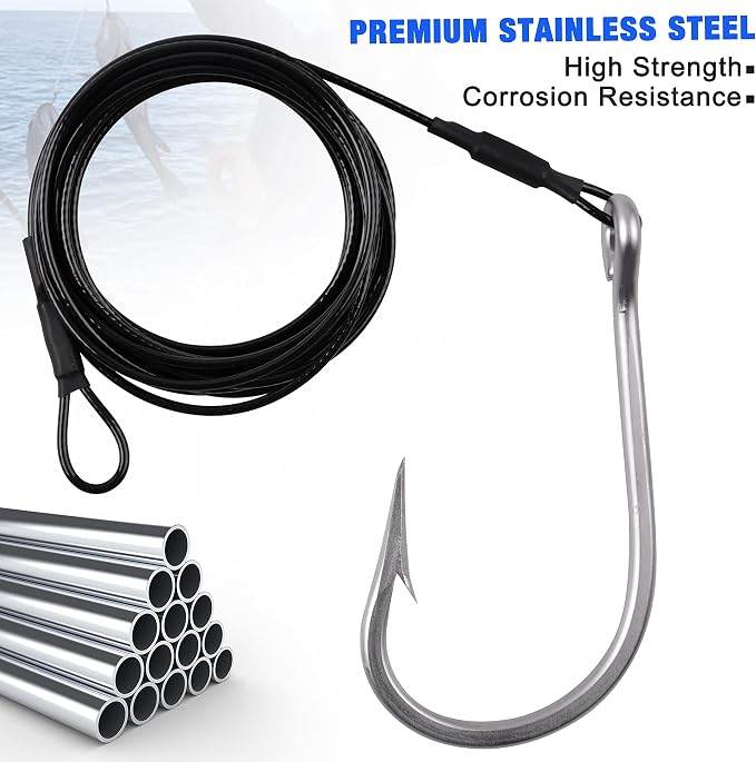 Fishing Shark Rig,2pcs Surf Fishing Leader Rigs with Tuna Shark Hooks Stainless Steel Cable Leader Wire Rig Deep Sea Fishing Hooks Big Game Leader Rig for Shark Tuna Toothy