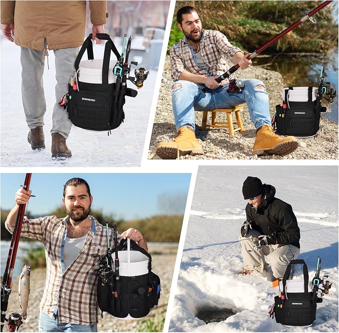 Boomistry Fishing Bucket Organizer for 5 Gallon Bucket Accessories, Fishing Tackle Bag with Adjustable Buckle, Fishing Rod Bag with 15 Multi-Pockets for Fishing Gear and Equipment (Black)