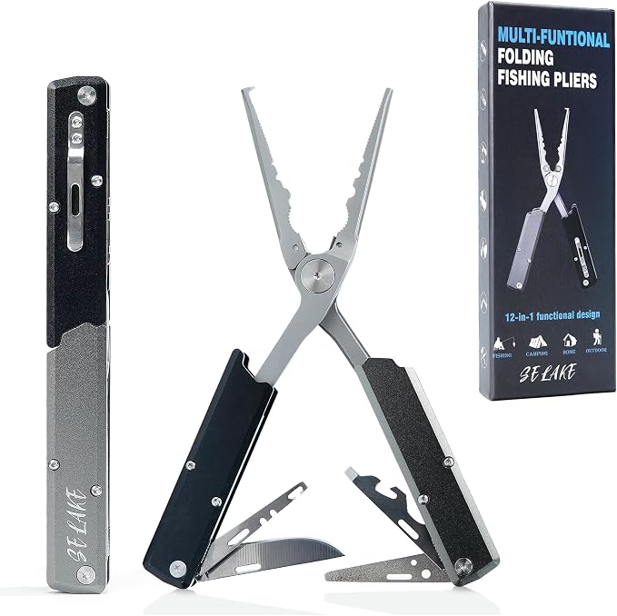 Selake 12-in-1 Saltwater Fishing Pliers EDC Multitool, Titanium Coated Marine Stainless Steel Folding Pen-Sized Hook Remover Braid Cutter Fishing Gear Gifts for Men